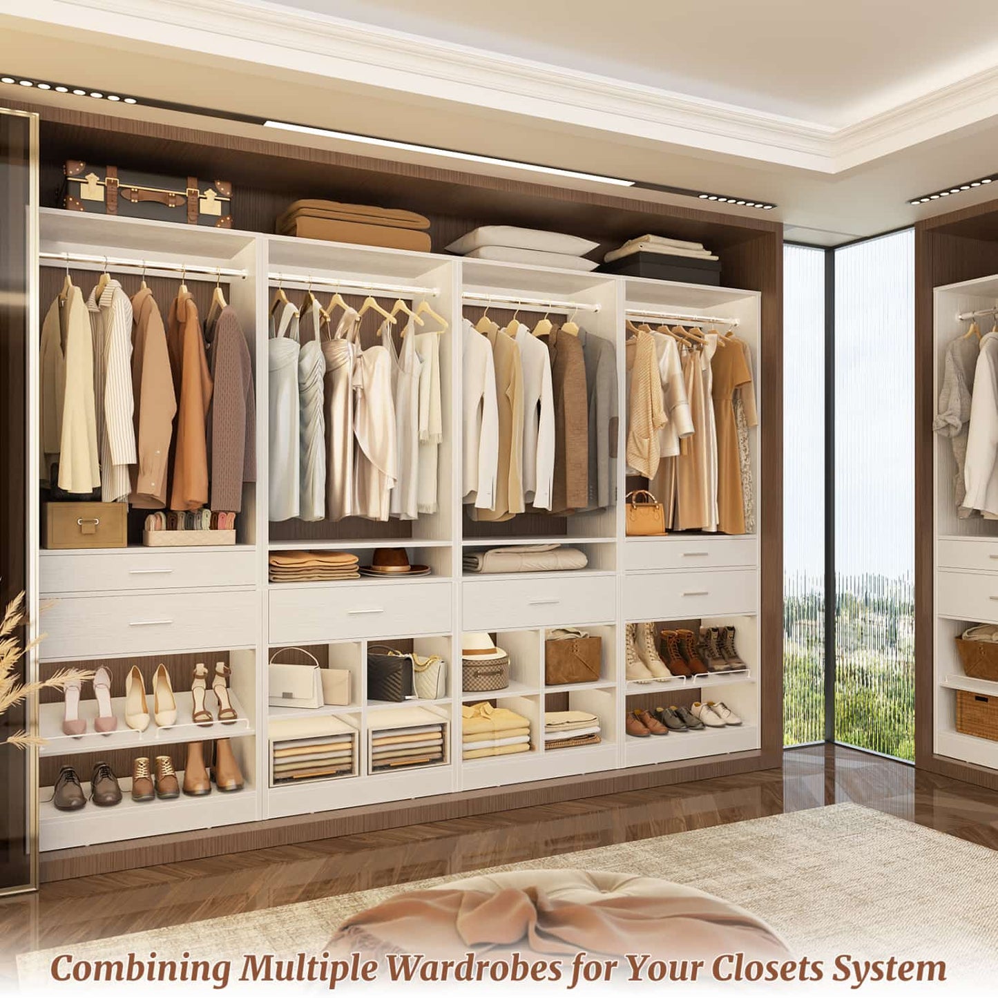 50-In Freestanding Closet System Set with Wood Drawers, Closet Organizer with Shoe Rack