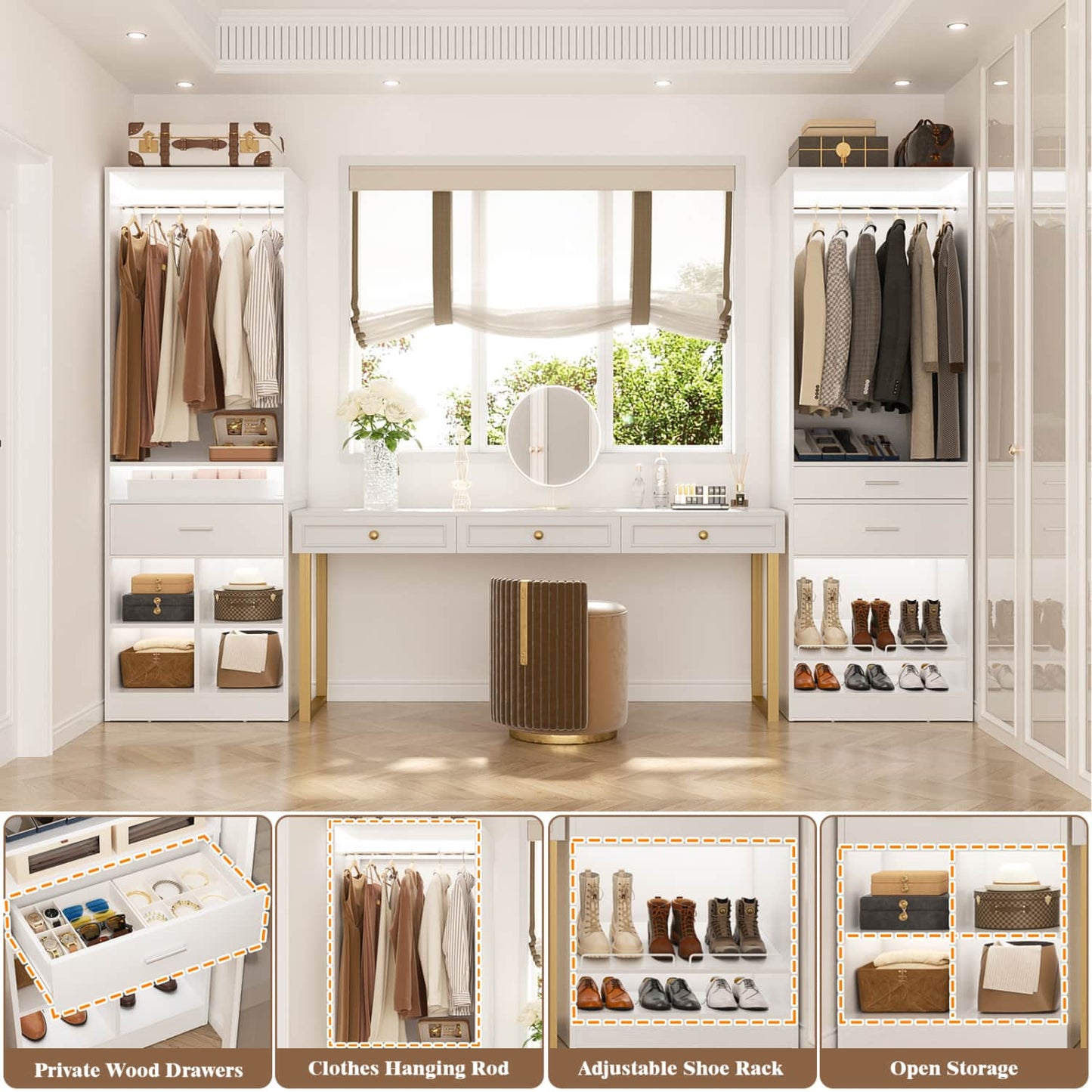 50-In Freestanding Closet System Set with Wood Drawers, Closet Organizer with Shoe Rack