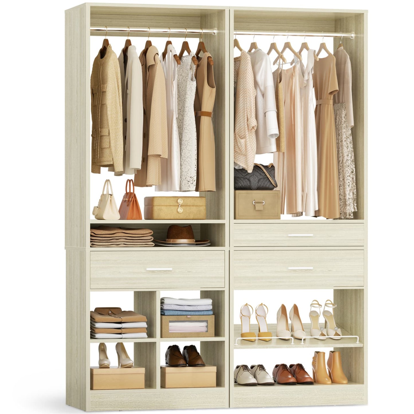 50-In Freestanding Closet System Set with Wood Drawers, Closet Organizer with Shoe Rack