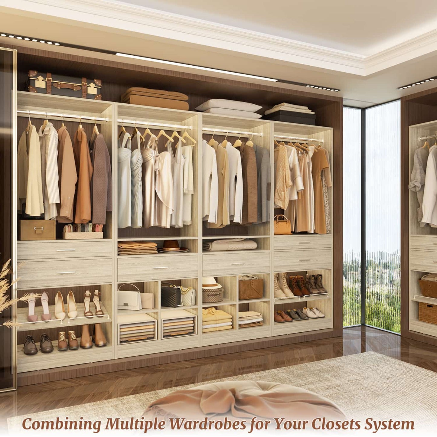 50-In Freestanding Closet System Set with Wood Drawers, Closet Organizer with Shoe Rack