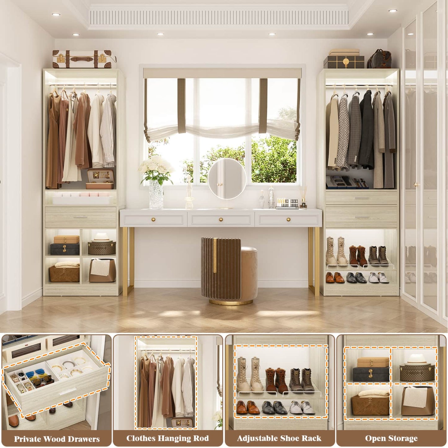 50-In Freestanding Closet System Set with Wood Drawers, Closet Organizer with Shoe Rack