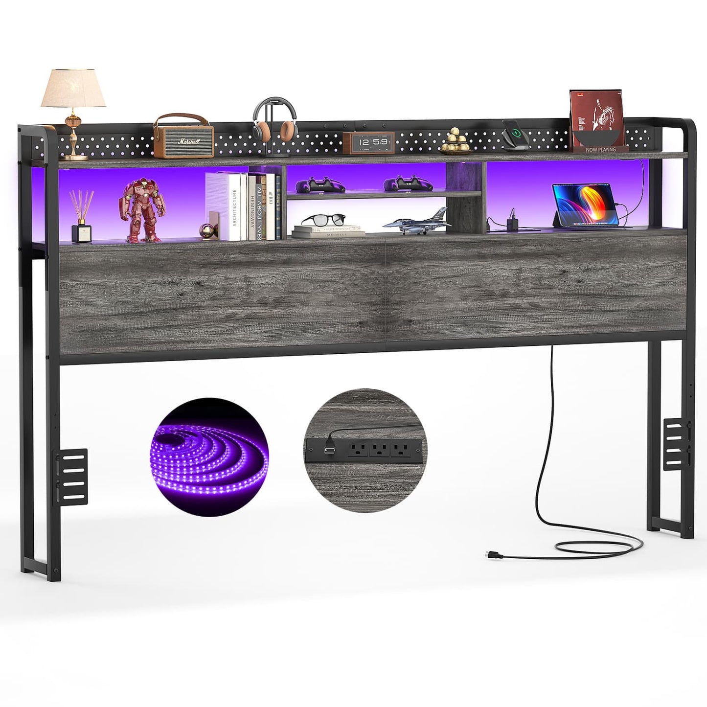 King Storage Headboard with Led Lights & Charging Station