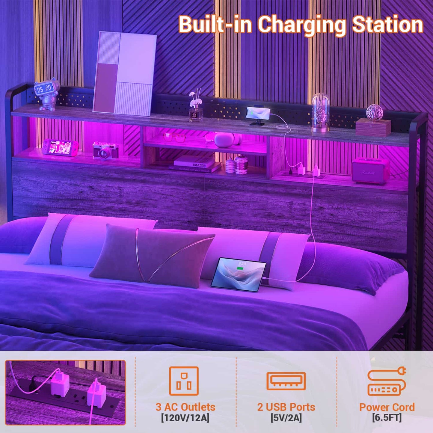 King Storage Headboard with Led Lights & Charging Station