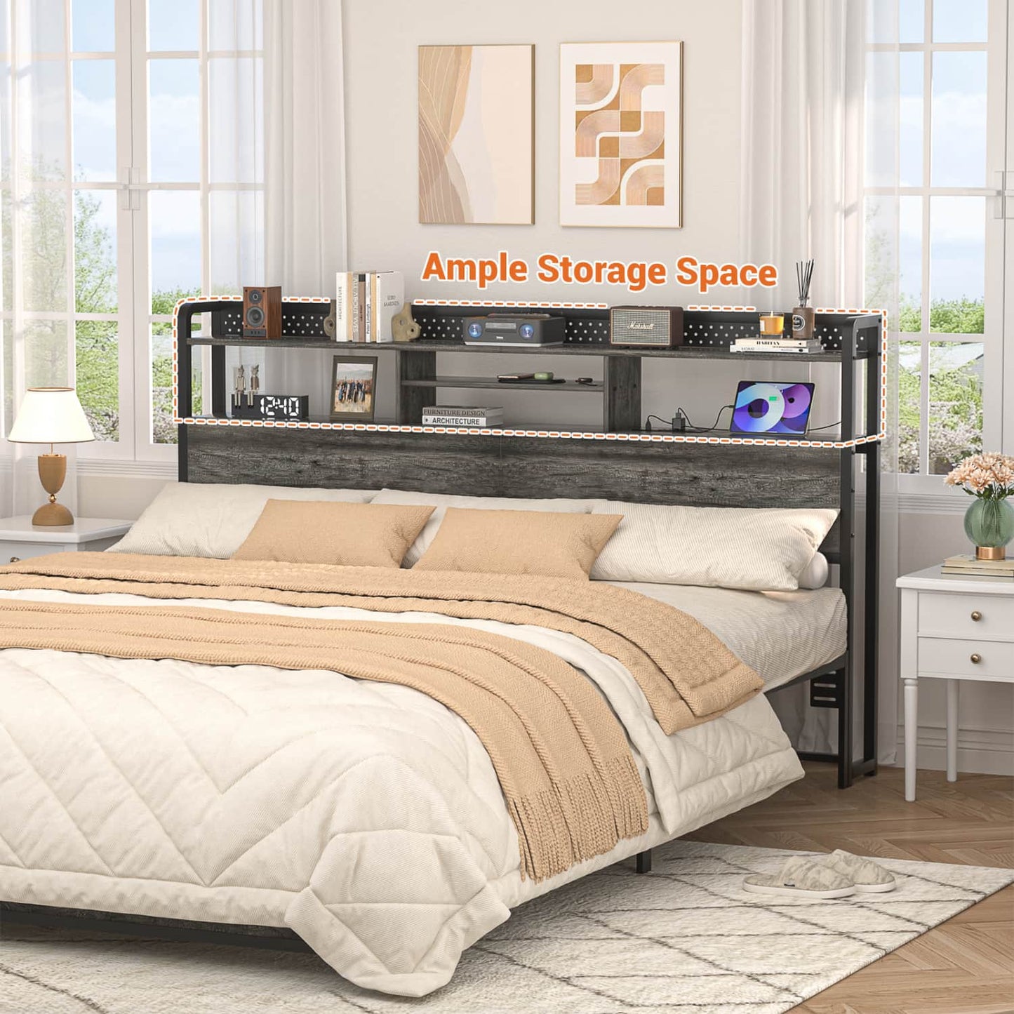 King Storage Headboard with Led Lights & Charging Station
