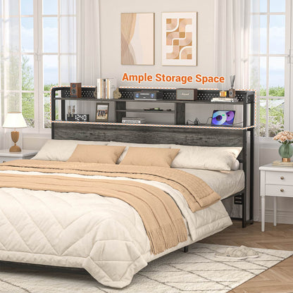 King Storage Headboard with Led Lights & Charging Station