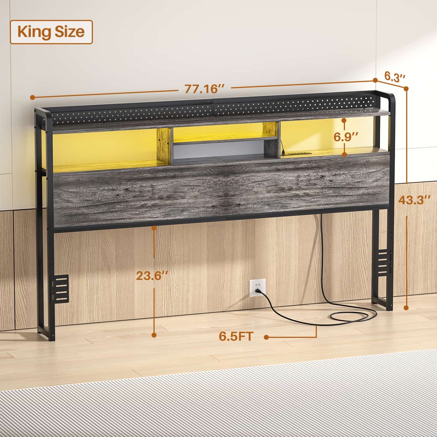 King Storage Headboard with Led Lights & Charging Station