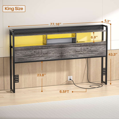 King Storage Headboard with Led Lights & Charging Station