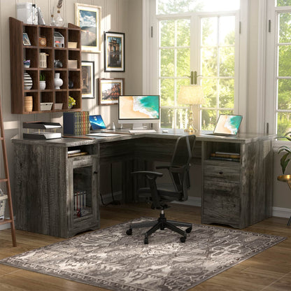 L Shaped Desk with Charging Station, Corner Computer Desk with Hutch