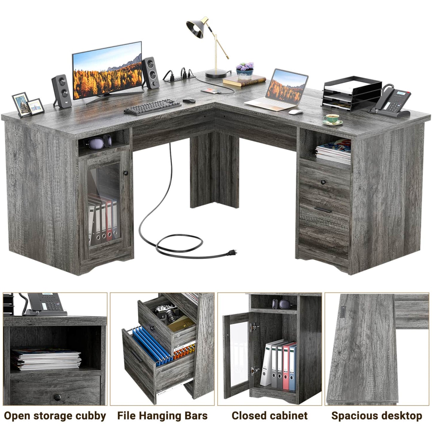 L Shaped Desk with Charging Station, Corner Computer Desk with Hutch