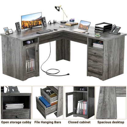 L Shaped Desk with Charging Station, Corner Computer Desk with Hutch