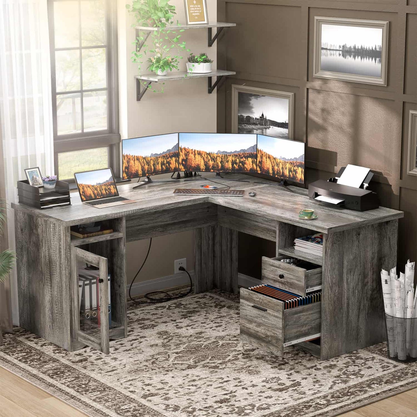 L Shaped Desk with Charging Station, Corner Computer Desk with Hutch