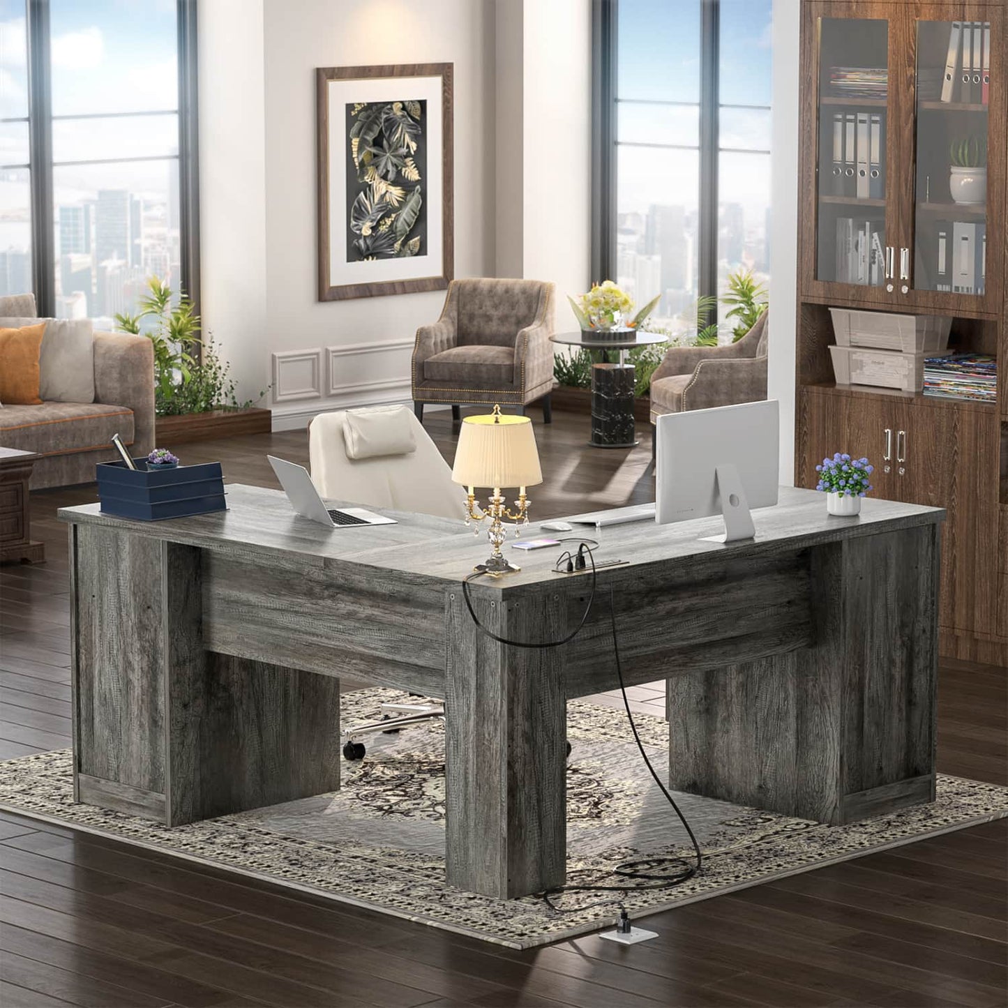 L Shaped Desk with Charging Station, Corner Computer Desk with Hutch