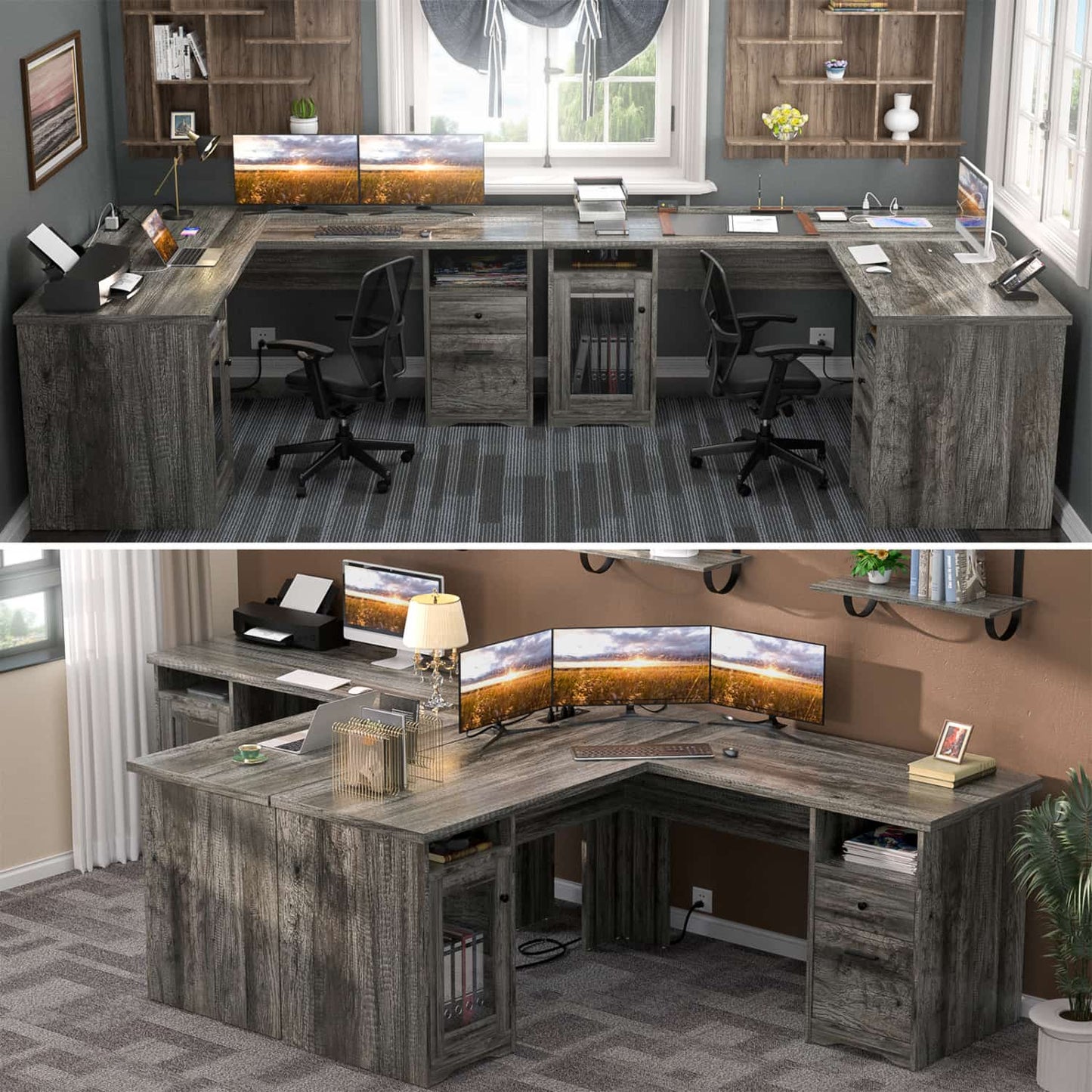 L Shaped Desk with Charging Station, Corner Computer Desk with Hutch