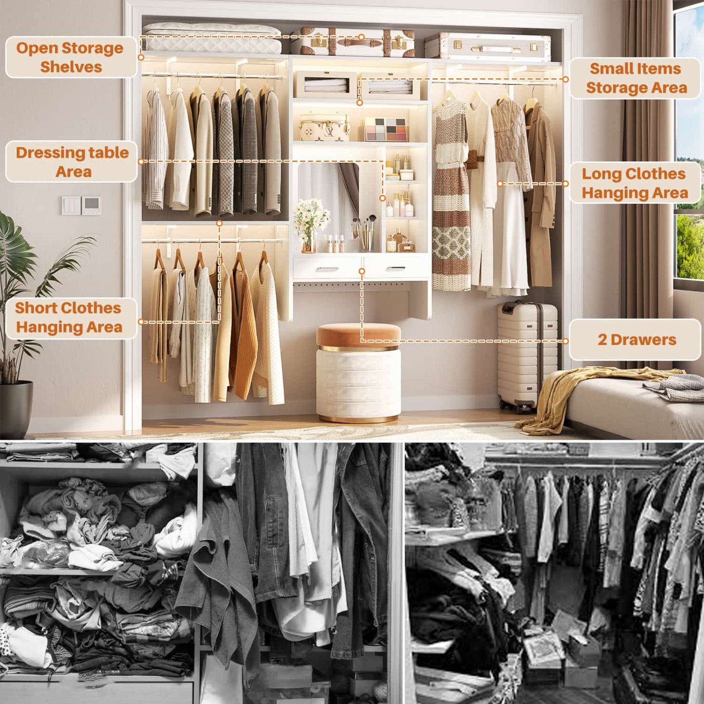 Wall-Mounted Closet System with Vanity Desk, 8FT Closet Organizer