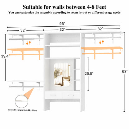 Wall-Mounted Closet System with Vanity Desk, 8FT Closet Organizer