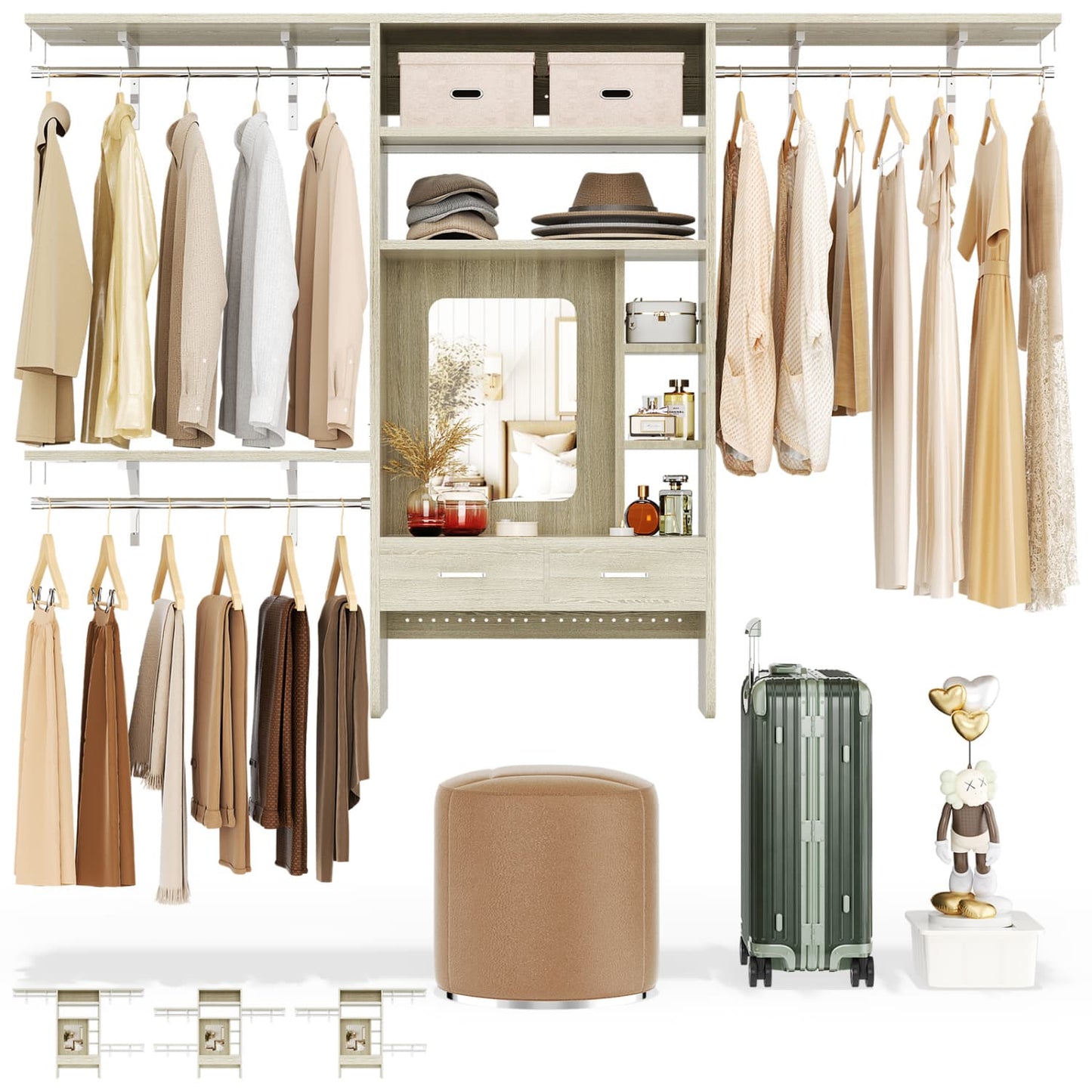 Wall-Mounted Closet System with Vanity Desk, 8FT Closet Organizer