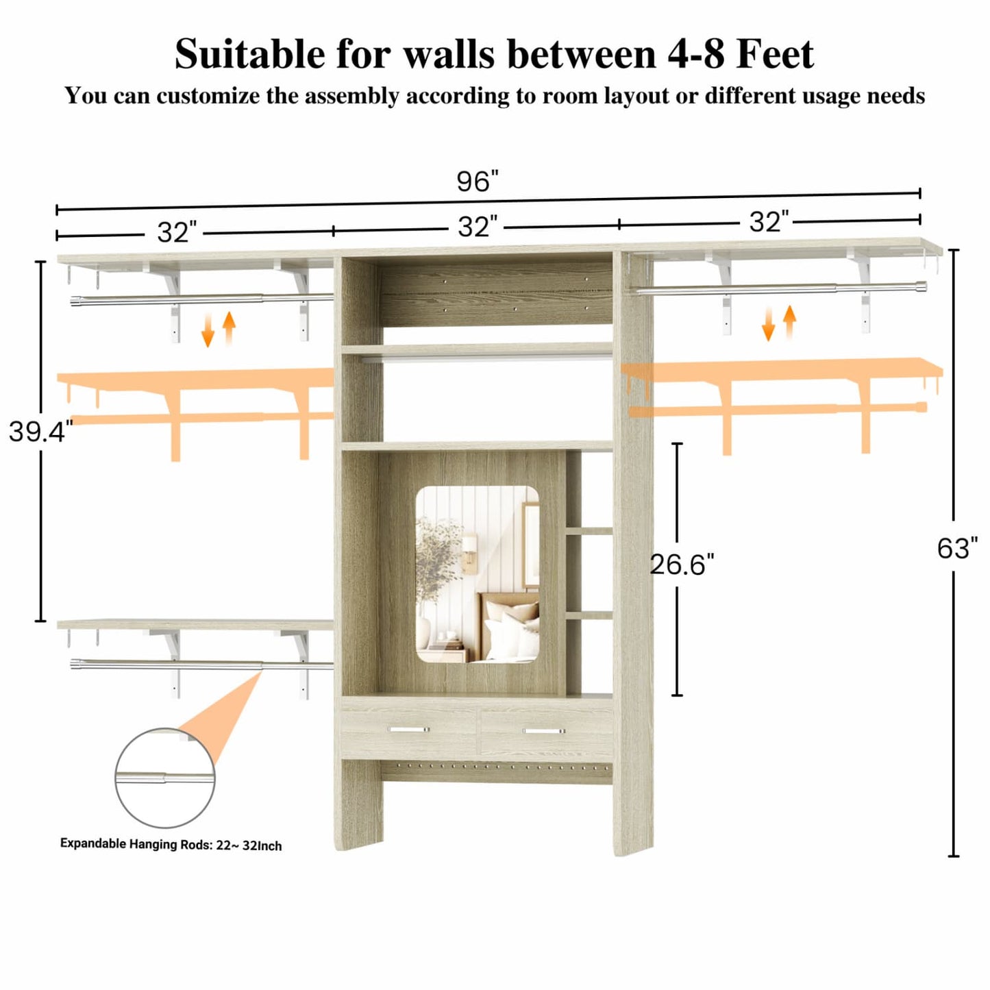 Wall-Mounted Closet System with Vanity Desk, 8FT Closet Organizer