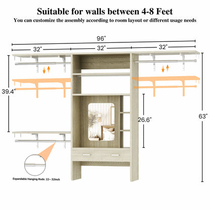 Wall-Mounted Closet System with Vanity Desk, 8FT Closet Organizer