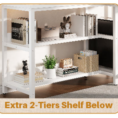 L Shaped Computer Desk with Hutch, Power Outlets, LED Lights & Storage Drawers