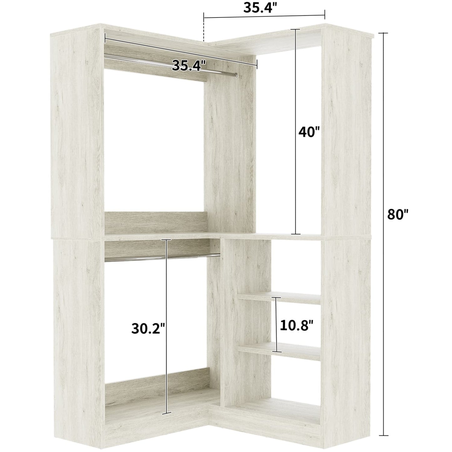 Corner Closet System with Shelf, Freestanding Closet Organizer with 2 Hanging Rods