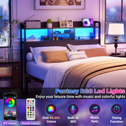 Full Storage Headboard with Led Lights & Charging Station