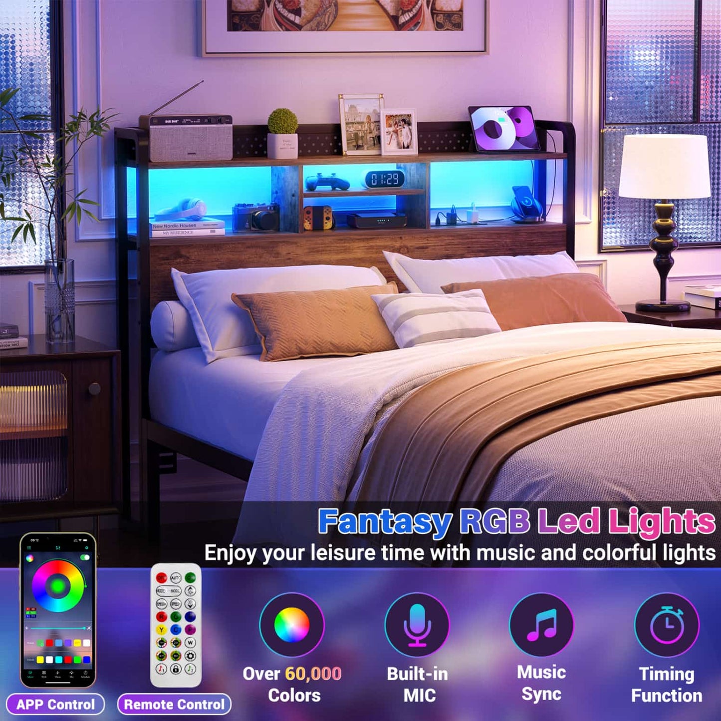 Full Storage Headboard with Led Lights & Charging Station