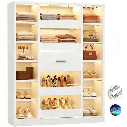 40" Closet System with LED Lights, Wooden Closet Organizer with 5 Drawers & 12 Shelves