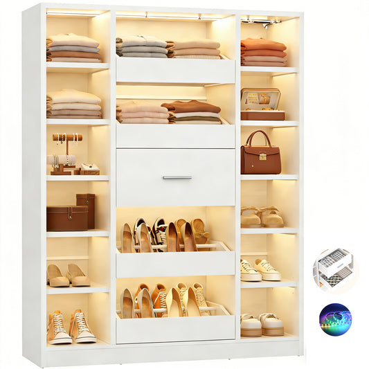 40" Closet System with LED Lights, Wooden Closet Organizer with 5 Drawers & 12 Shelves