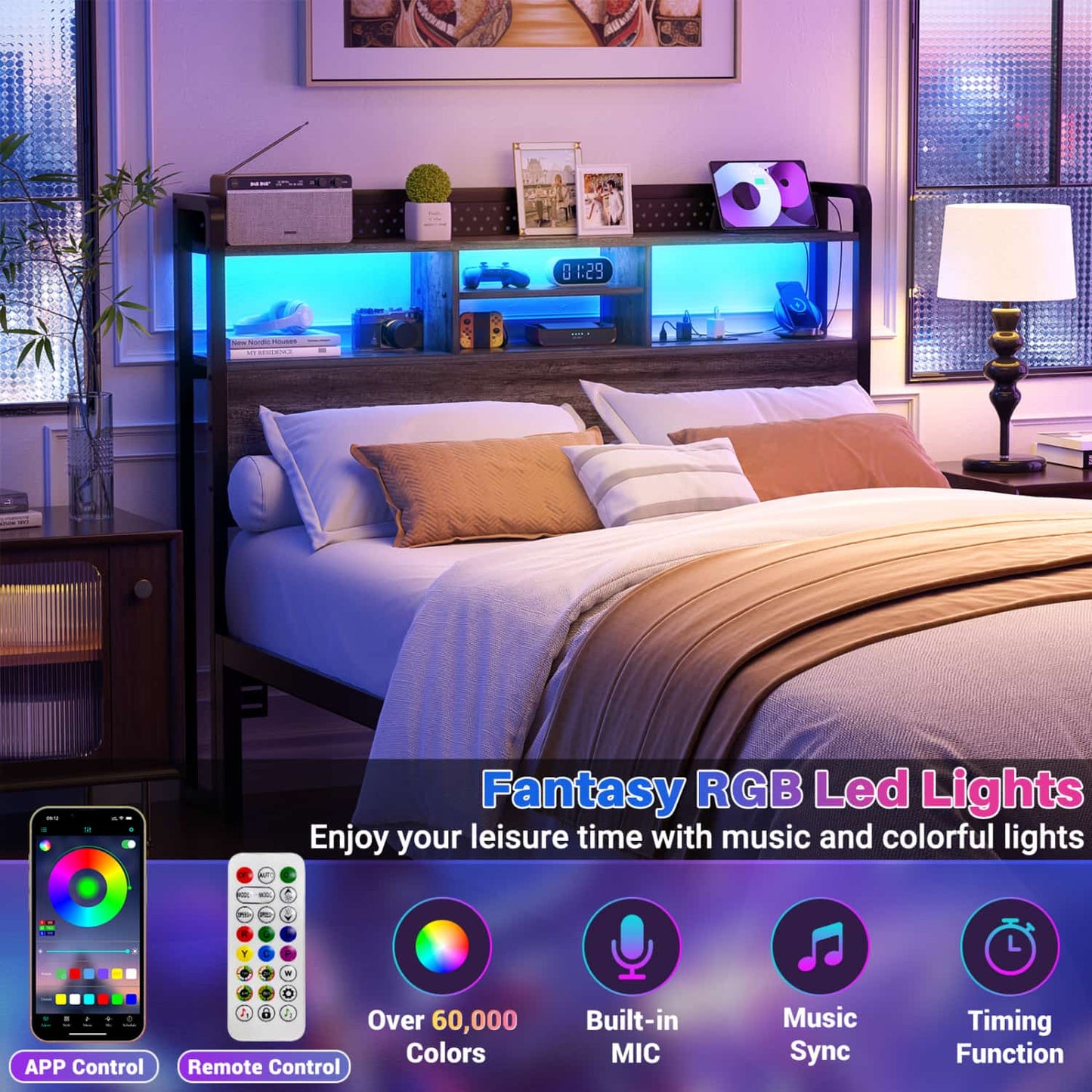 Full Storage Headboard with Led Lights & Charging Station
