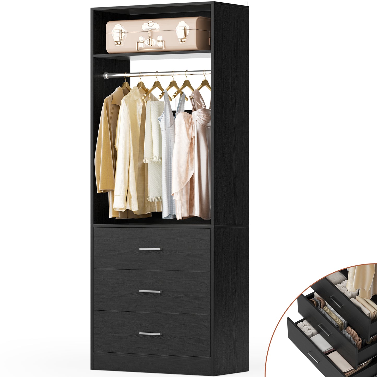 Freestanding 2FT Closet System with 3 Wood Drawers, Walk-in Closet Systems for Small Closets