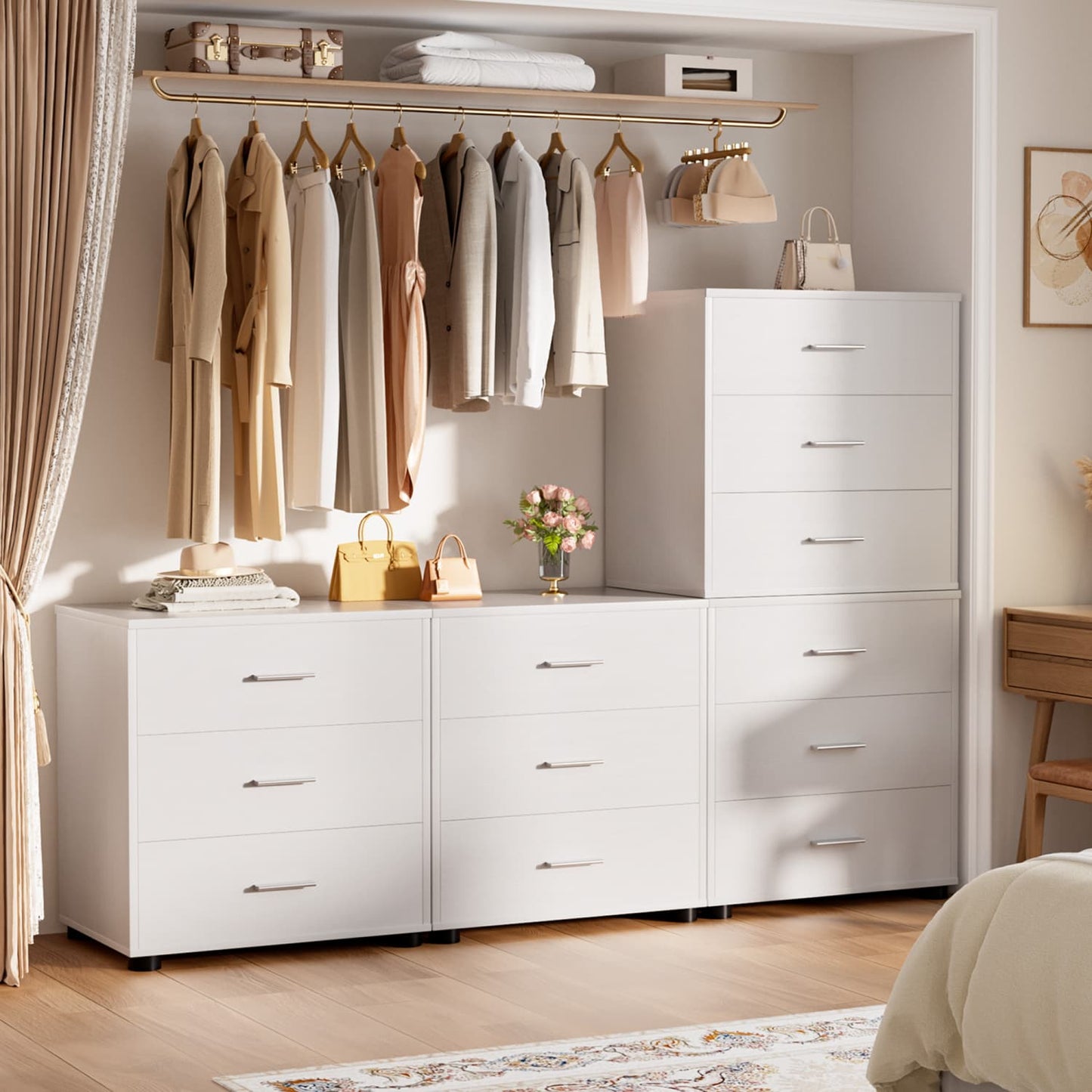 Set of 2 Wooden 6-Drawers Dressers with Storage, Closet Storage Cabinet and Nightstand