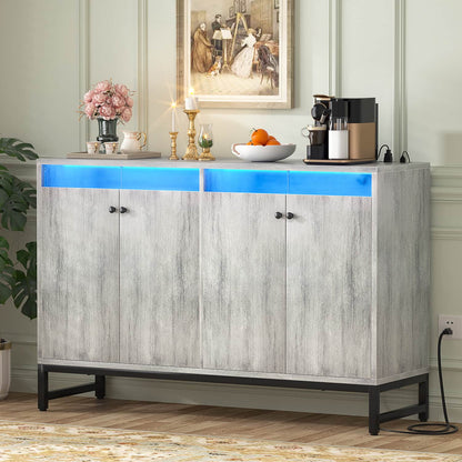 Storage Buffet Cabinet with Adjustable Shelves, Coffee Bar with Charging Station, LED Light