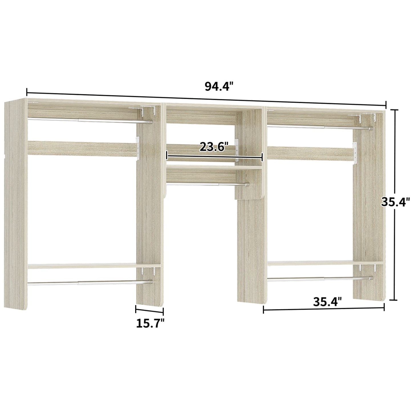 95" Closet Organizer with 5 Hanging Rods, Wall Mounted Clothes Hanging Rack for Organization