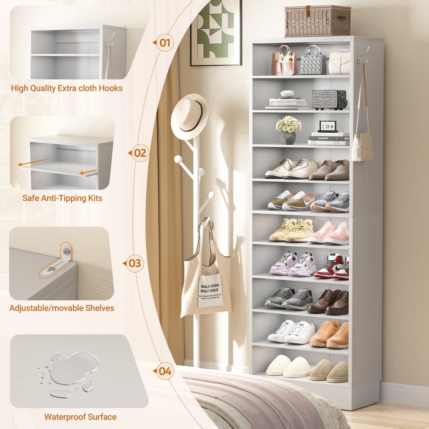 Shoe Storage Cabinet, 10-Tier Shoe Rack With Drawers