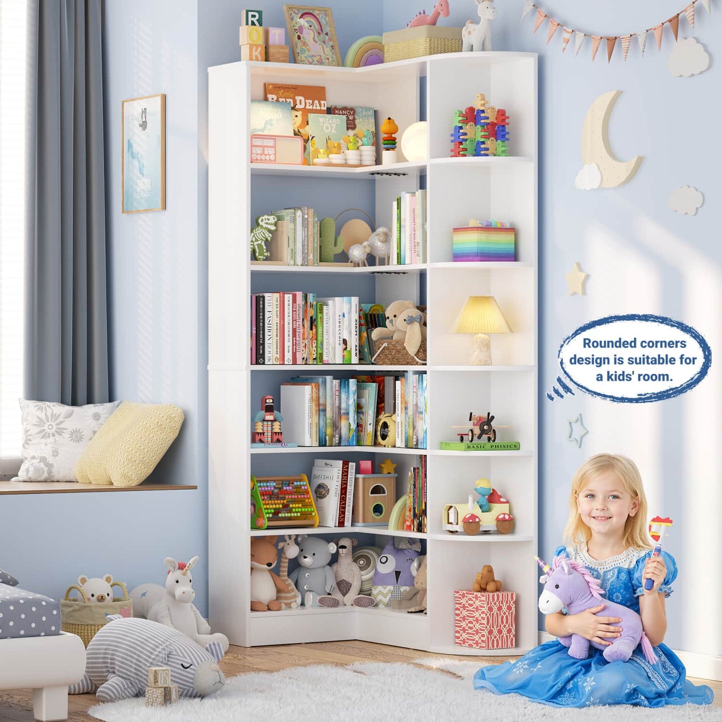 71" Tall 6-Tiers Corner Bookshelf with Open Storage, Wooden Display Shelves for Bedroom