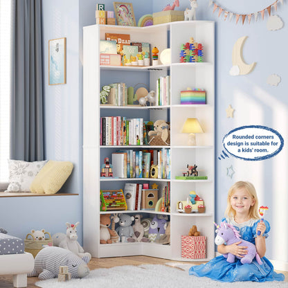 71" Tall 6-Tiers Corner Bookshelf with Open Storage, Wooden Display Shelves for Bedroom