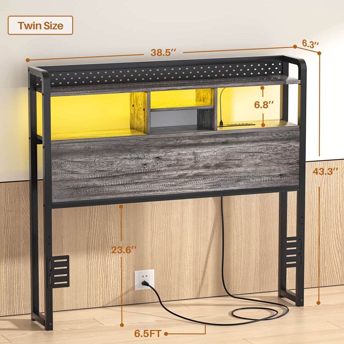 Twin Storage Headboard with Led Lights & Charging Station