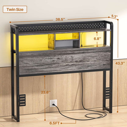 Twin Storage Headboard with Led Lights & Charging Station
