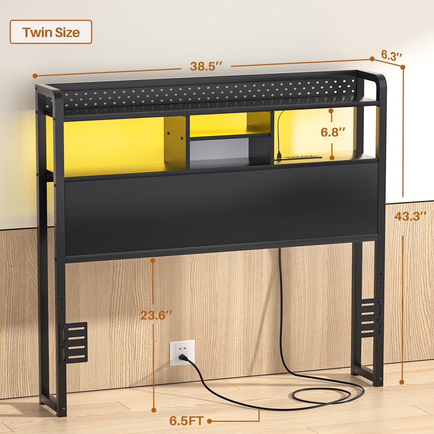 Twin Storage Headboard with Led Lights & Charging Station